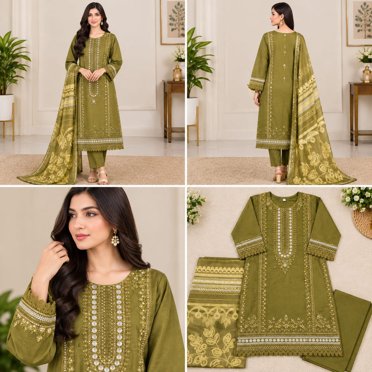 Olive Green Mirror Embroidered 3-Piece Festive Suit