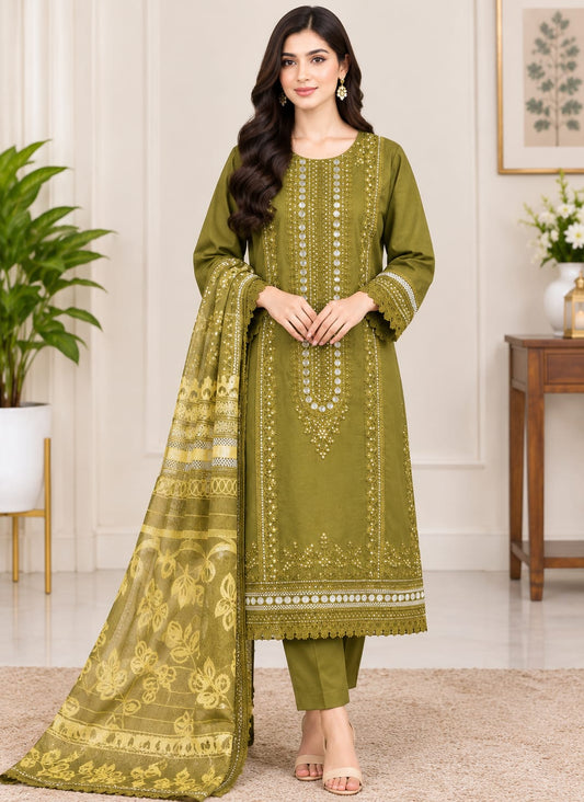 Olive Green Mirror Embroidered 3-Piece Festive Suit