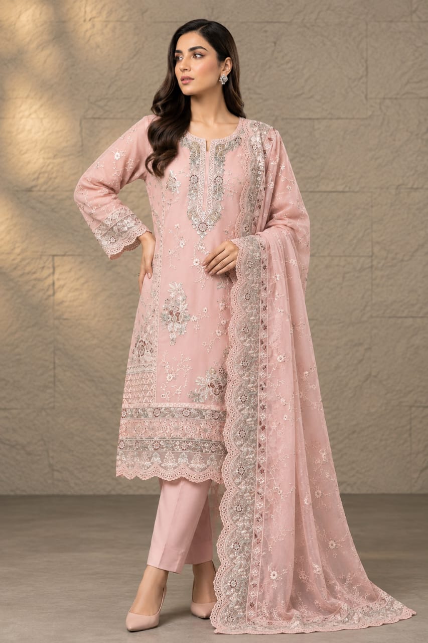 Blush Pink Embroidered Organza 3-Piece Formal Suit