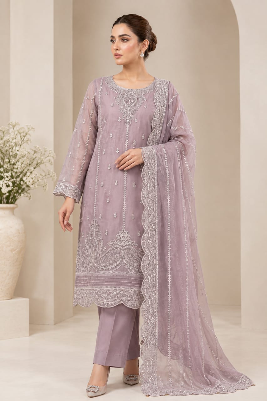Dusty Lilac Embroidered Organza 3-Piece Festive Suit