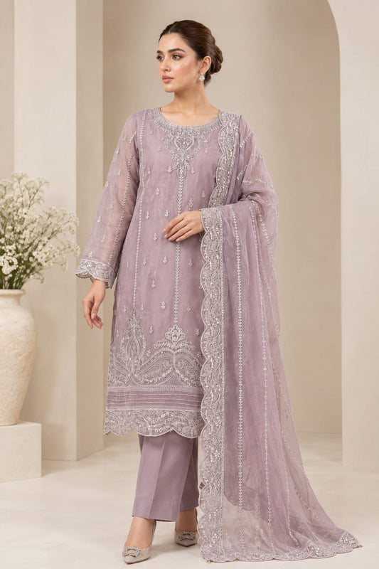 Dusty Lilac Embroidered Organza 3-Piece Festive Suit