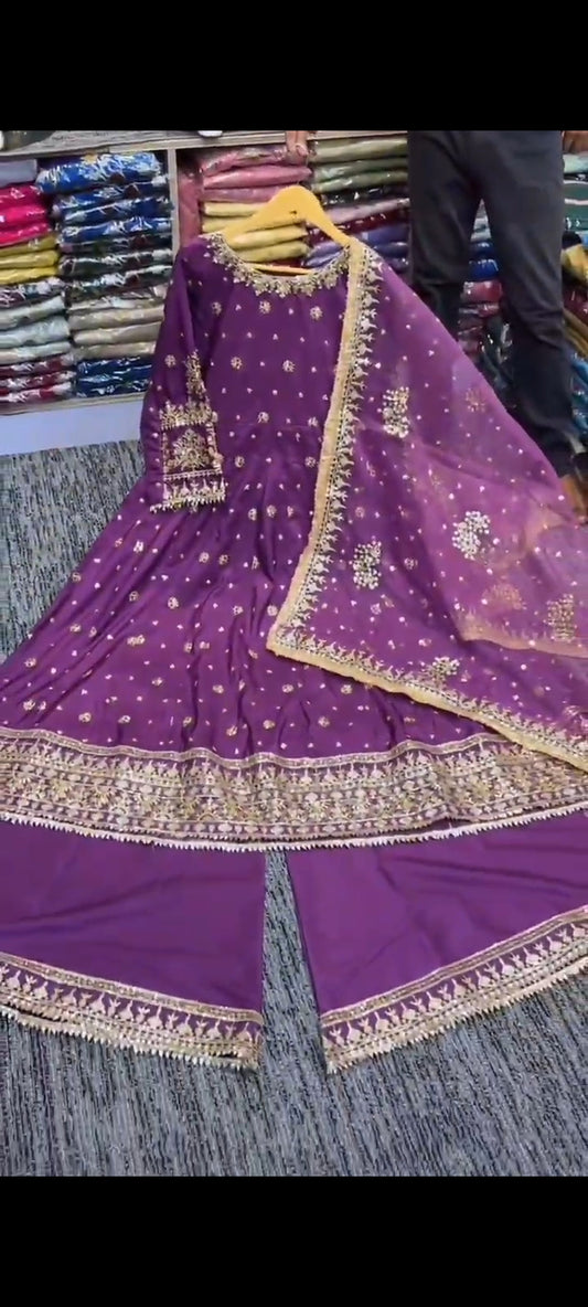 Royal Purple Gold Embroidered Anarkali Suit with Net Dupatta