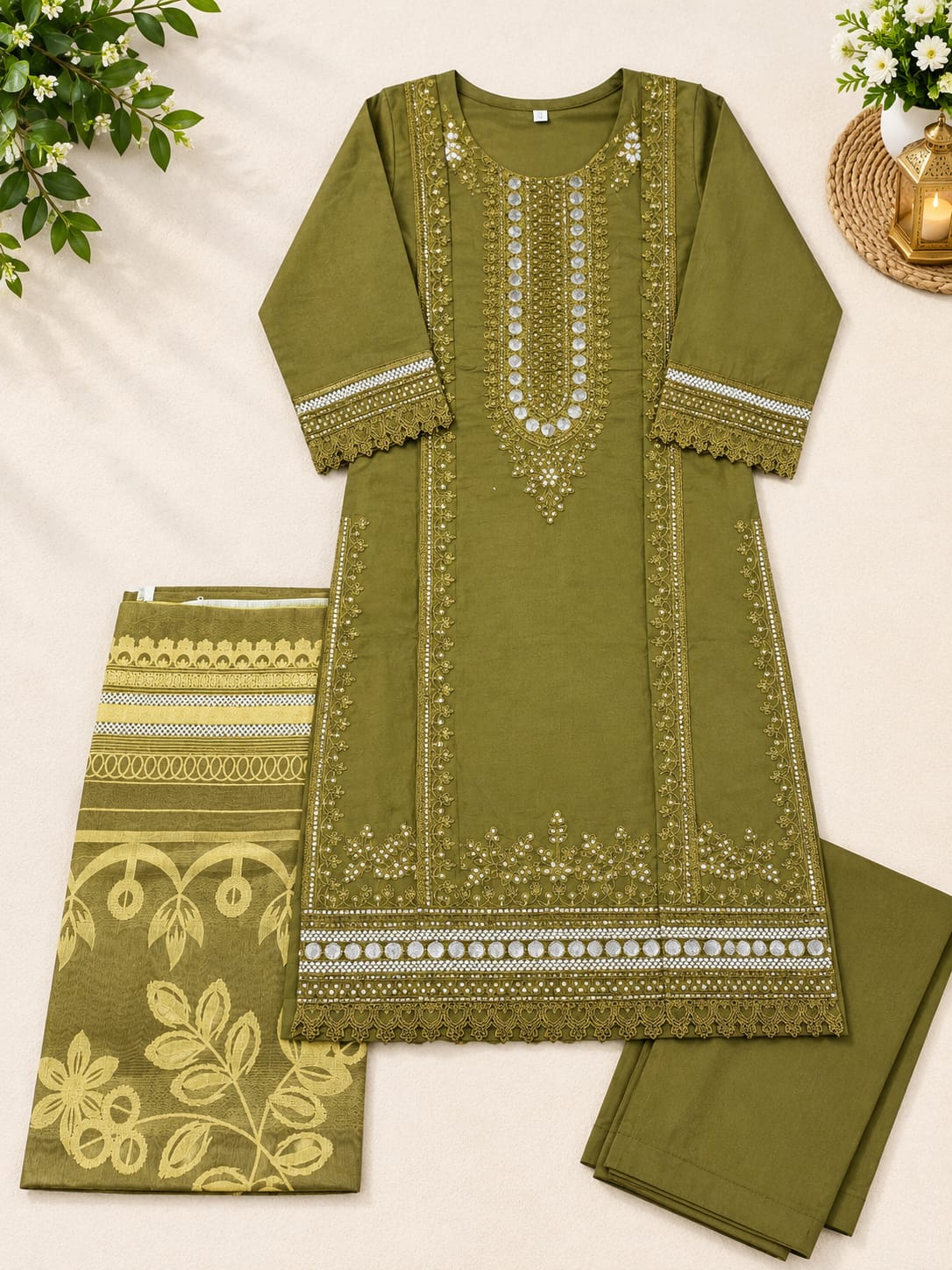 Olive Green Mirror Embroidered 3-Piece Festive Suit