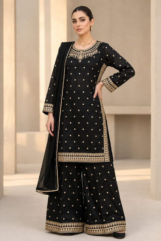 Midnight Black Gold Embroidered Sharara 3-Piece Festive Suit