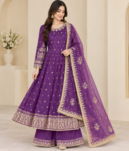 Royal Purple Gold Embroidered Anarkali Suit with Net Dupatta
