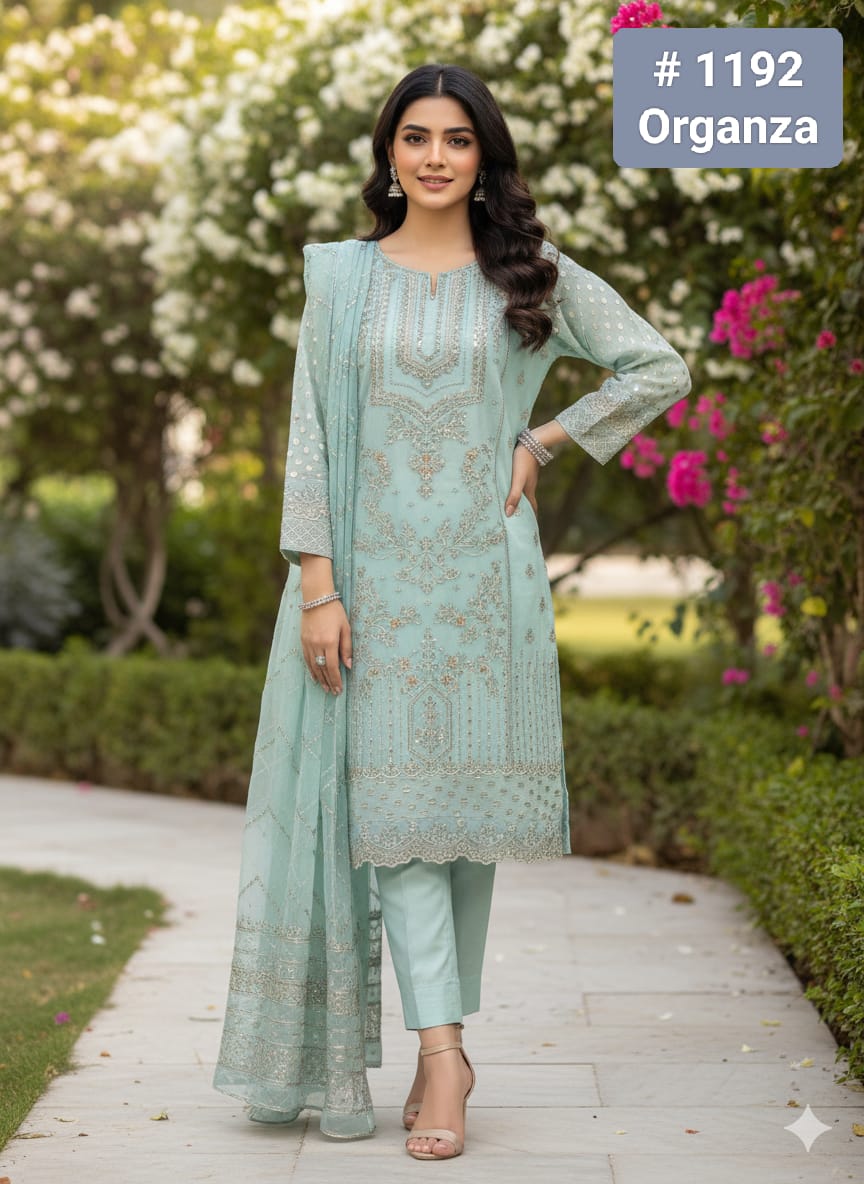 Mint Green Embroidered Organza 3-Piece Formal Suit